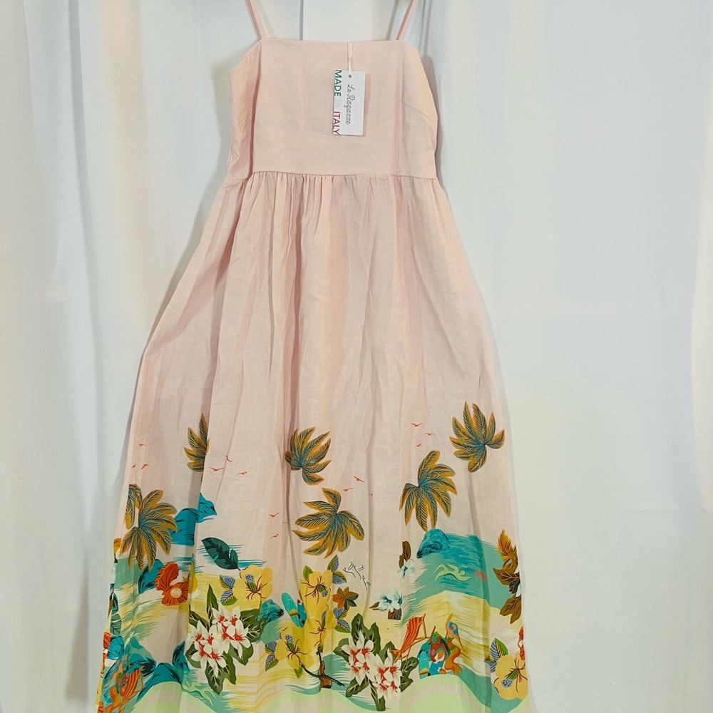 Made in Italy Le Ragazze Linen Blend Smocked Midi Dress Spaghetti Strap M NWT